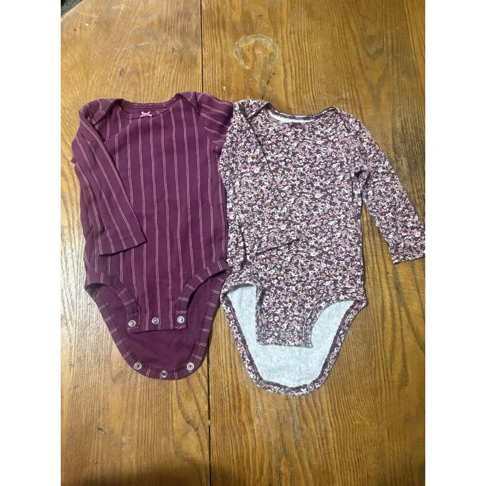 2 Carter's 9M Snap Baby Girl Bodysuit Stripes and Flowers
